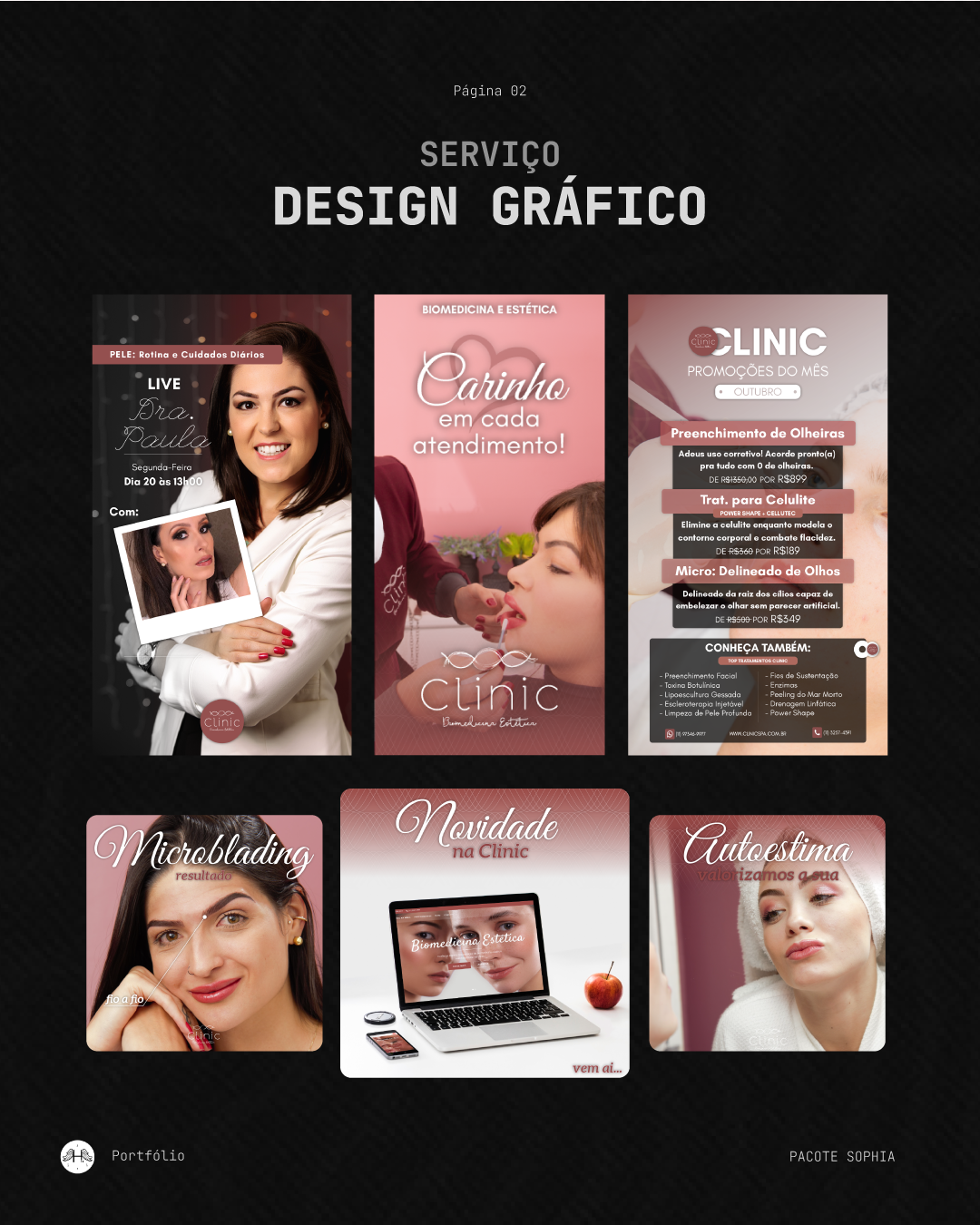 Prancha de peças de design gráfico da Clinic com conteúdos, campanhas e ofertas