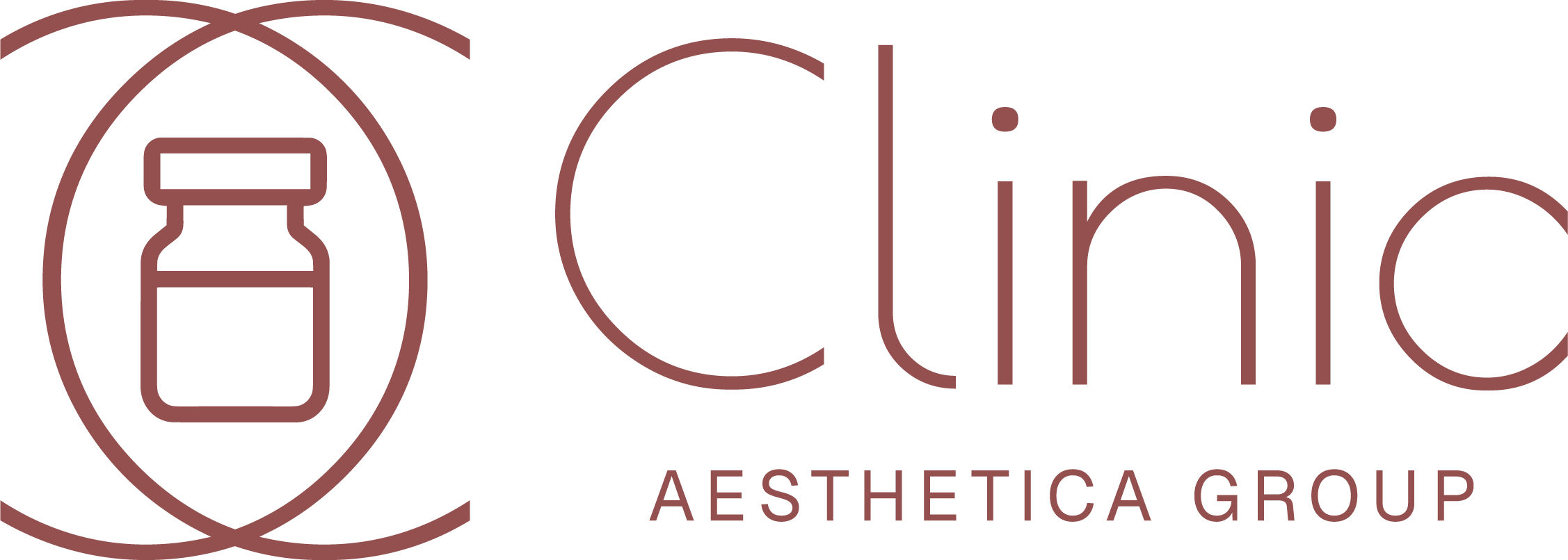 Logo Clinic Aesthetica Group em vermelho queimado, com símbolo de frasco