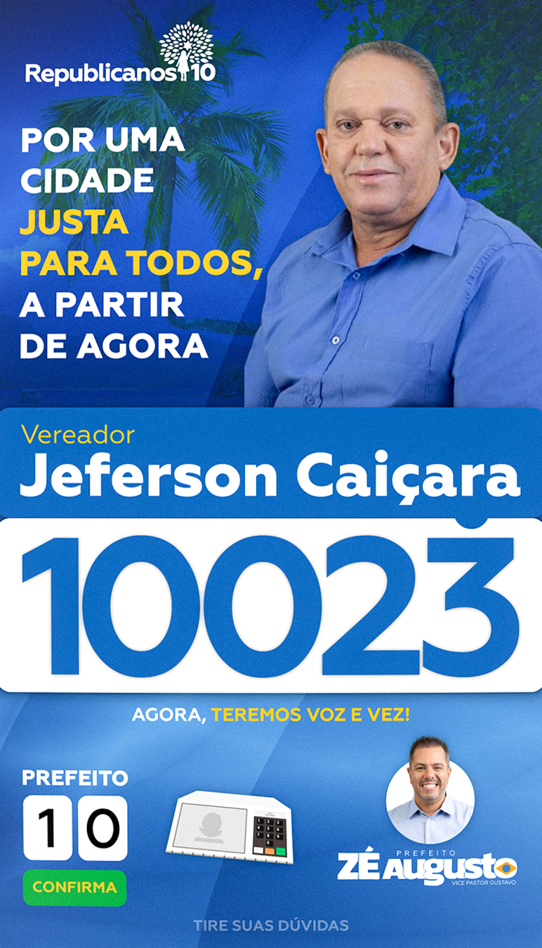 Santinho vertical de Jeferson Caiçara com número 10023, identidade do Republicanos e chapa majoritária