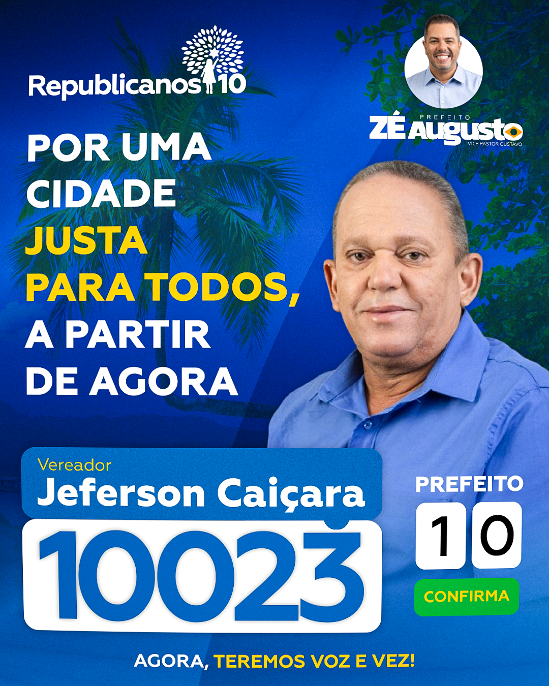 Arte vertical de campanha com Jeferson Caiçara, número 10023 e composição do Republicanos