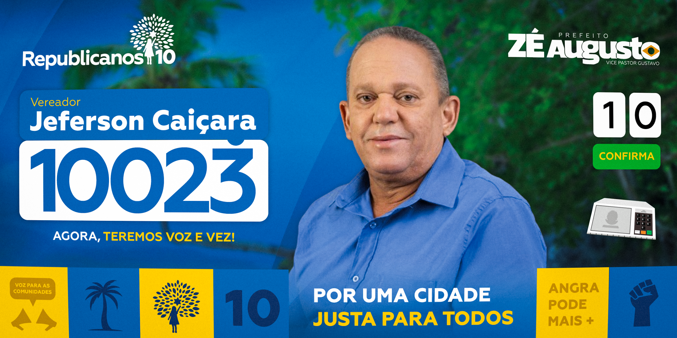 Arte horizontal de campanha para Jeferson Caiçara, com identidade do Republicanos, número 10023 e chapa majoritária