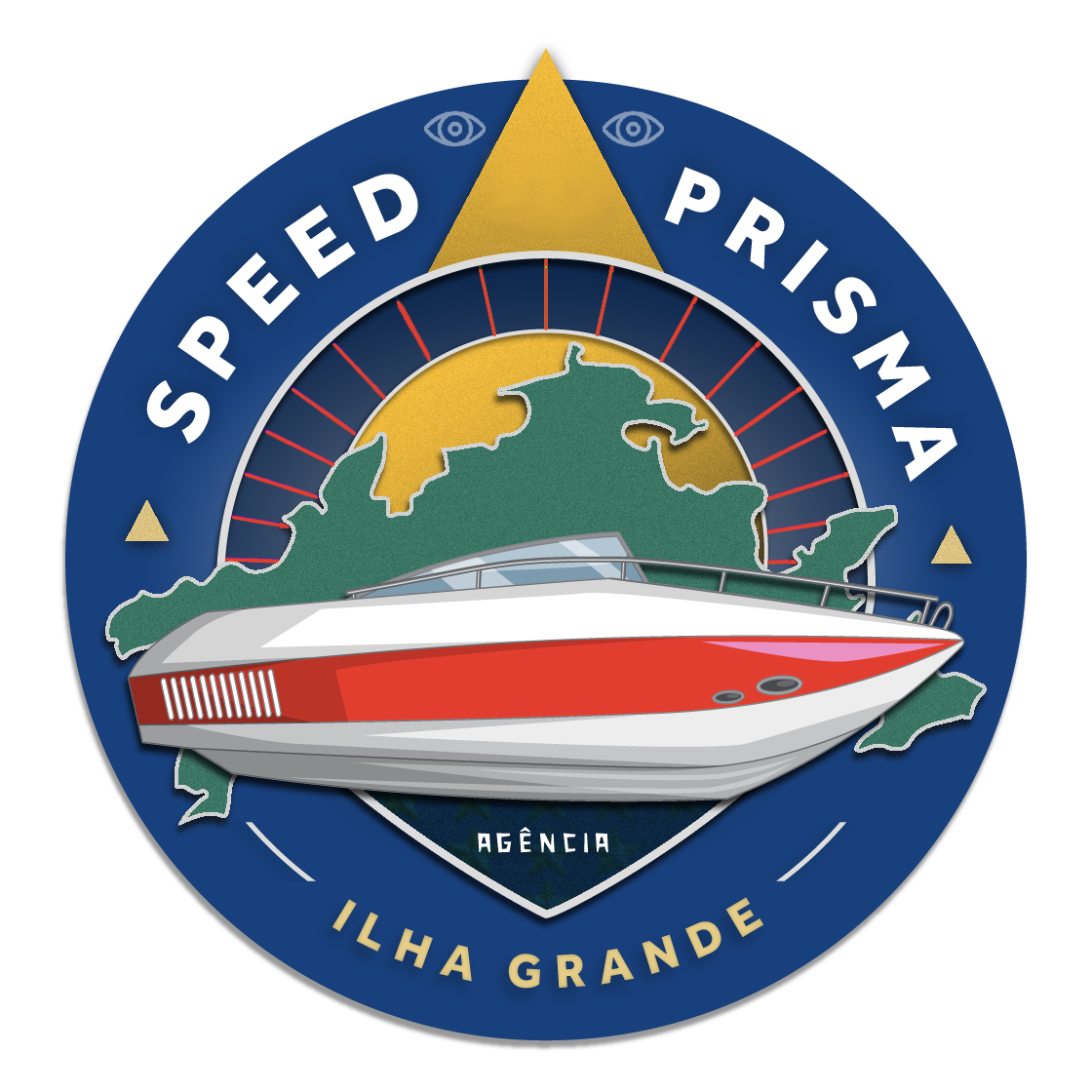 Logo Speed Prisma em formato circular, com embarcação, silhueta de Ilha Grande e o nome da operação