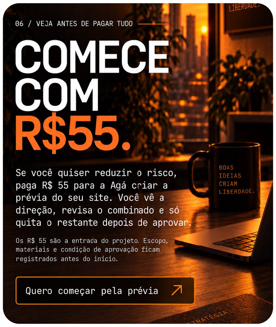 Comece com R$ 55: veja a prévia do seu site e pague o restante depois de aprovar