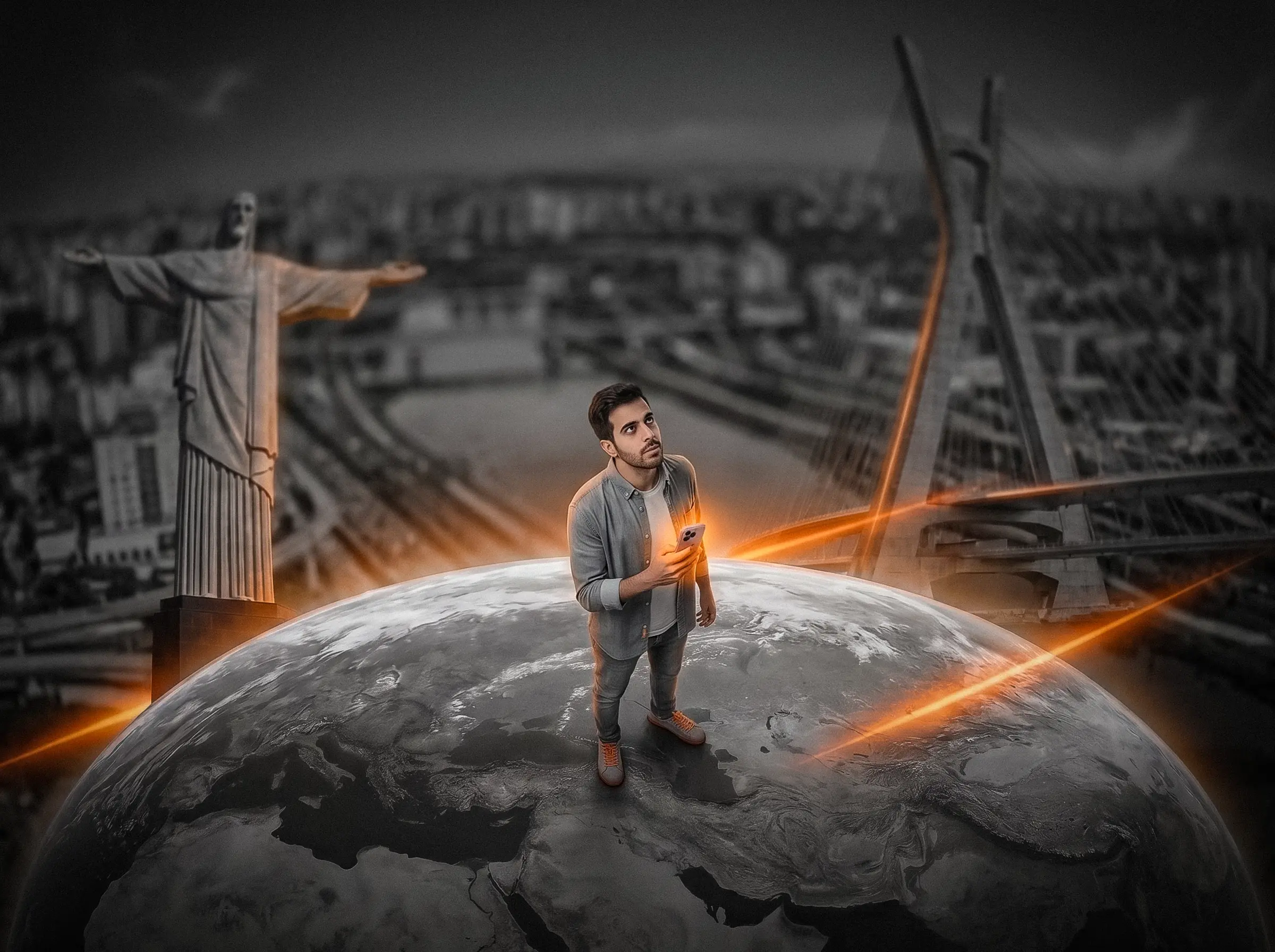 Empreendedor sobre o globo entre cidade, tecnologia e linhas laranja